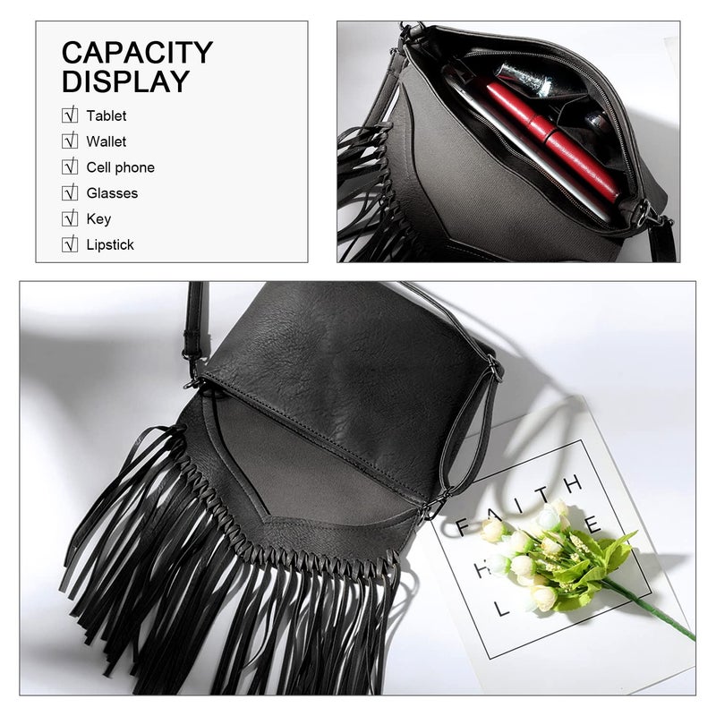 LUI SUI Women Fringe Hobo Purse Vintage Tassel Shoulder Bag Black Tassel Handbags - Image 3